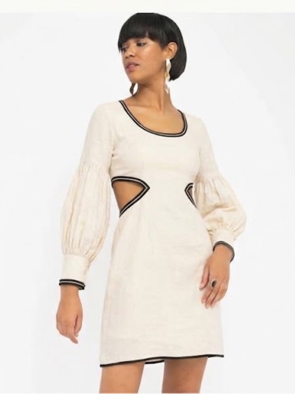 Fanm Mon LIVI Dress Cream Cutout Mini Linen Dress with Black Trim Size medium